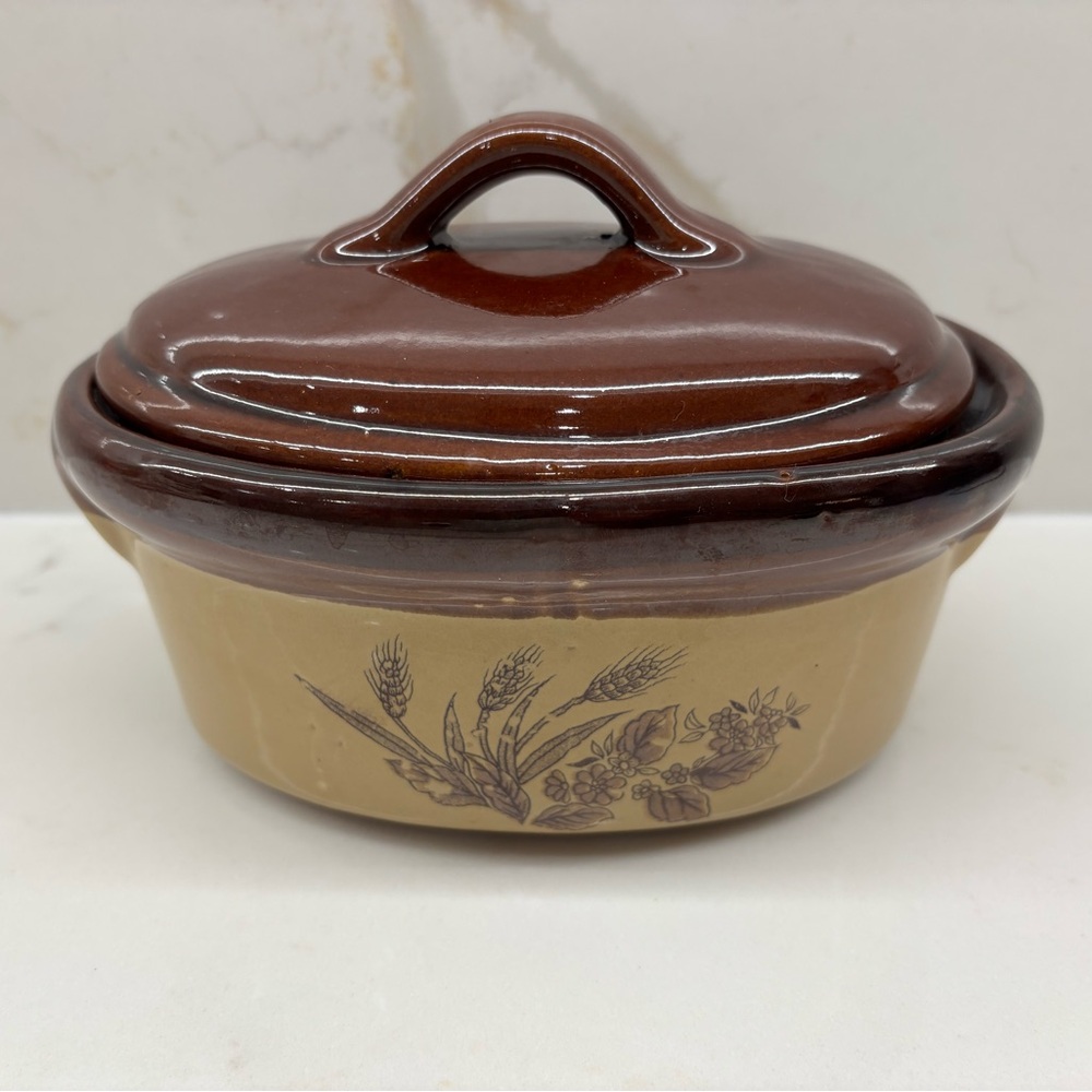 Vintage 1980s Lidded Bowl with Wheat Design Stoneware Ceramic Casserole Dish